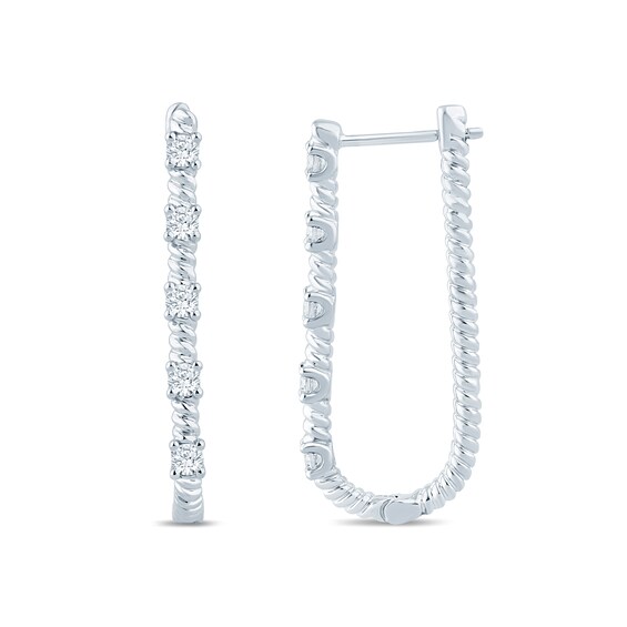 1/2 CT. T.w. Diamond Station Rope-Textured U-Hoop Earrings in 10K White Gold