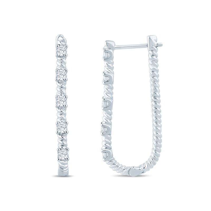 Main Image 2 of 1/2 CT. T.W. Diamond Station Rope-Textured U-Hoop Earrings in 10K White Gold