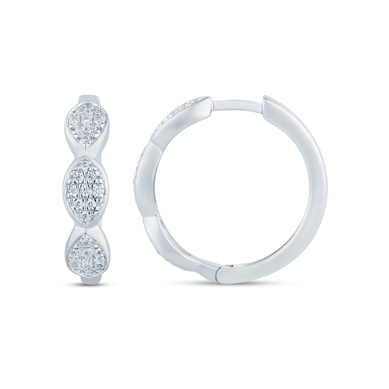 Main Image 2 of 1/4 CT. T.W. Marquise Multi-Diamond Three Stone Hoop Earrings in 10K White Gold