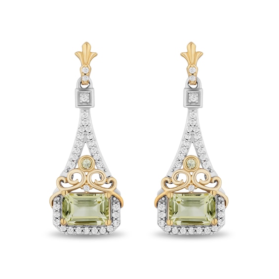 Enchanted Disney Tiana Emerald-Cut Green Quartz and Peridot with Diamond Drop Earrings in Sterling Silver and 10K Gold