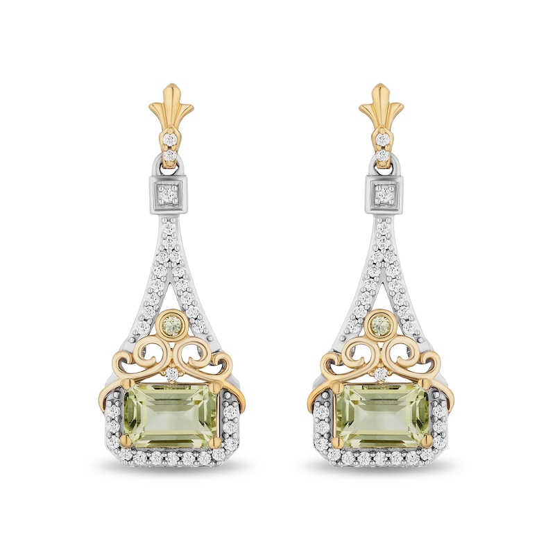 Main Image 1 of Enchanted Disney Tiana Emerald-Cut Green Quartz and Peridot with Diamond Drop Earrings in Sterling Silver and 10K Gold