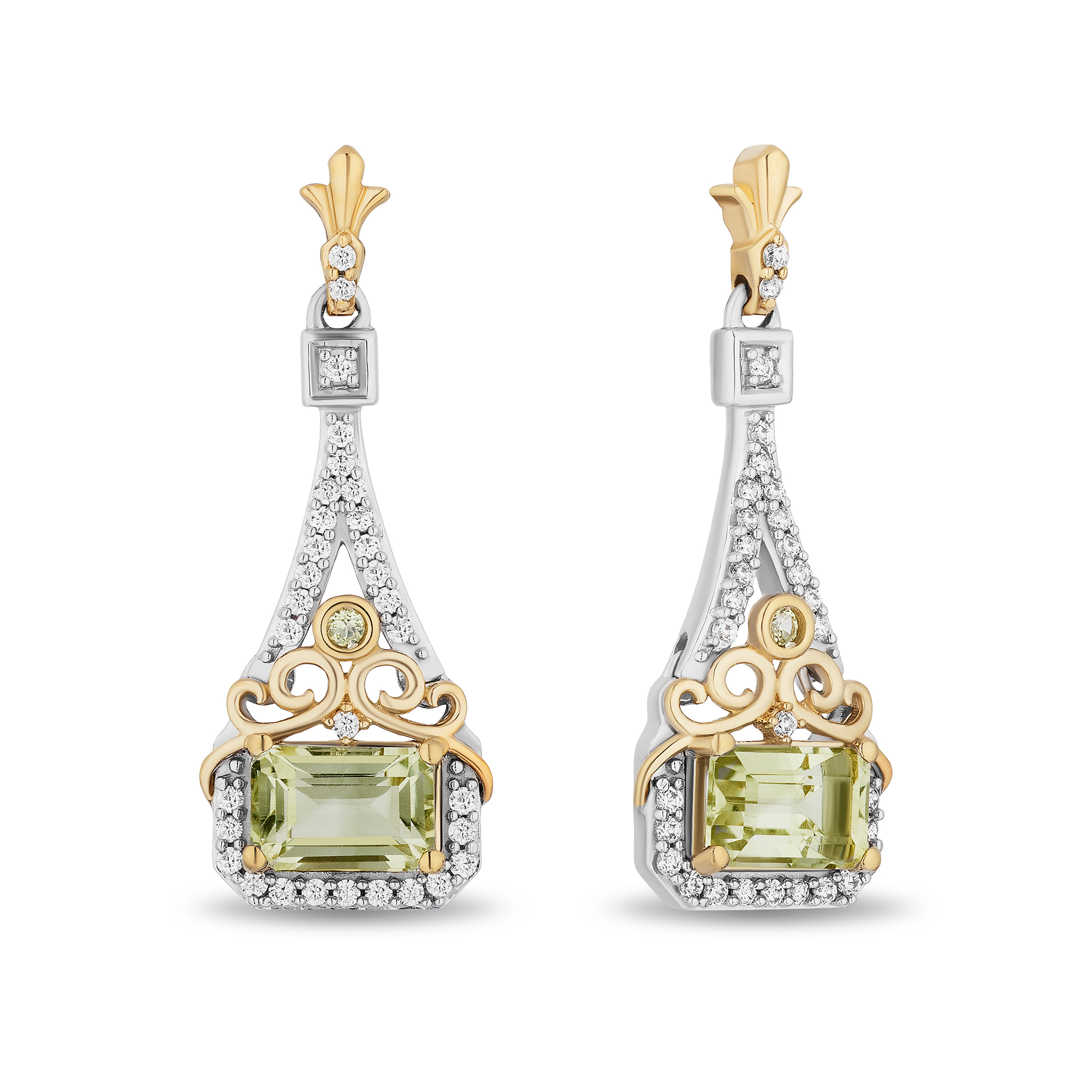 Thumbnail Image 2 of Enchanted Disney Tiana Emerald-Cut Green Quartz and Peridot with Diamond Drop Earrings in Sterling Silver and 10K Gold