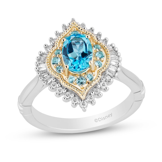 Enchanted Disney Jasmine Oval Swiss Blue Topaz and 1/5 CT. T.w. Diamond Arabesque Ring in Sterling Silver and 10K Gold
