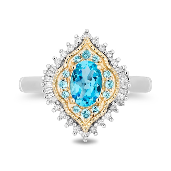 Enchanted Disney Jasmine Oval Swiss Blue Topaz and 1/5 CT. T.w. Diamond Arabesque Ring in Sterling Silver and 10K Gold