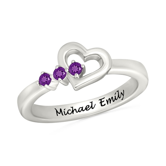 Lab-Created Birthstone Engravable Heart Ring in Sterling Silver (3 Stones and 1 Line)