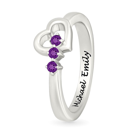 Lab-Created Birthstone Engravable Heart Ring in Sterling Silver (3 Stones and 1 Line)