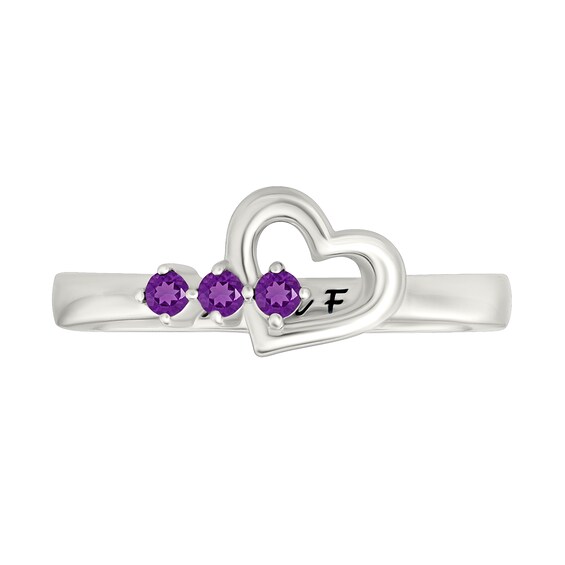 Lab-Created Birthstone Engravable Heart Ring in Sterling Silver (3 Stones and 1 Line)