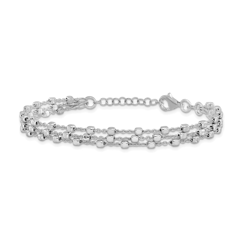 Main Image 1 of Beaded Triple Strand Chain Bracelet in Solid Sterling Silver - 8”
