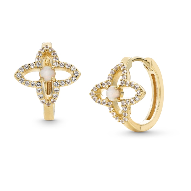 Main Image 1 of Lab-Created Opal and White Lab-Created Sapphire Star Hoop Earrings in Sterling Silver with 18K Gold Plate