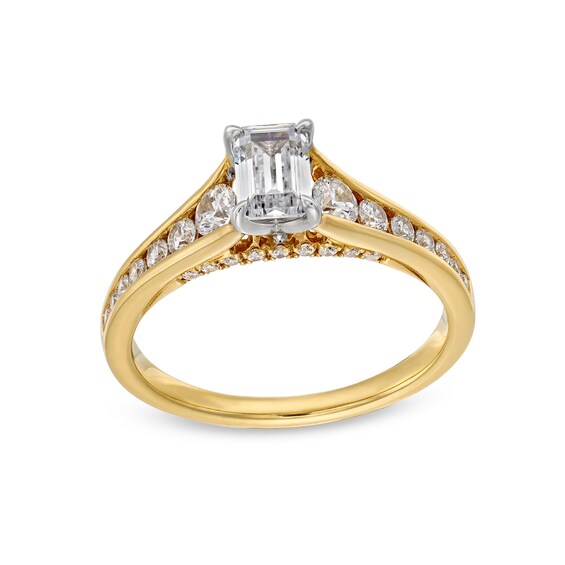 1 CT. T.w. Emerald-Cut and Round Diamond Channel Shank Engagement Ring in 14K Gold