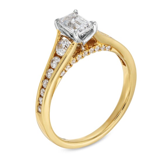 1 CT. T.w. Emerald-Cut and Round Diamond Channel Shank Engagement Ring in 14K Gold