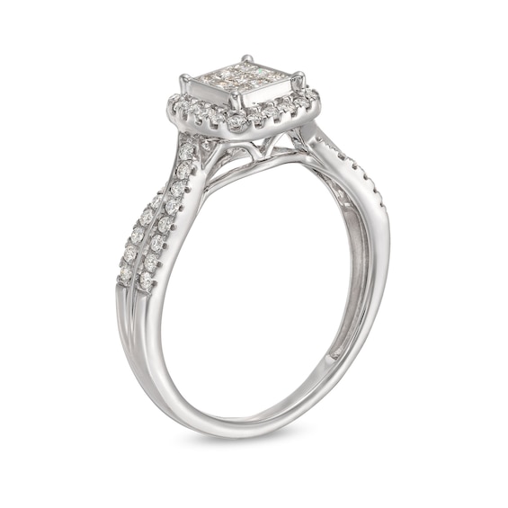 1/2 CT. T.w. Princess-Cut Multi-Diamond Cushion-Shaped Frame Twist Shank Engagement Ring in 14K White Gold