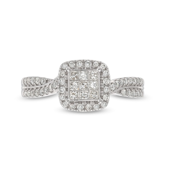 1/2 CT. T.w. Princess-Cut Multi-Diamond Cushion-Shaped Frame Twist Shank Engagement Ring in 14K White Gold