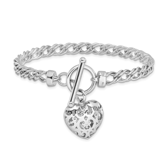 Filigree Heart Charm and Double-Link Curb Chain Toggle Bracelet in Hollow Sterling Silver - 7.5â