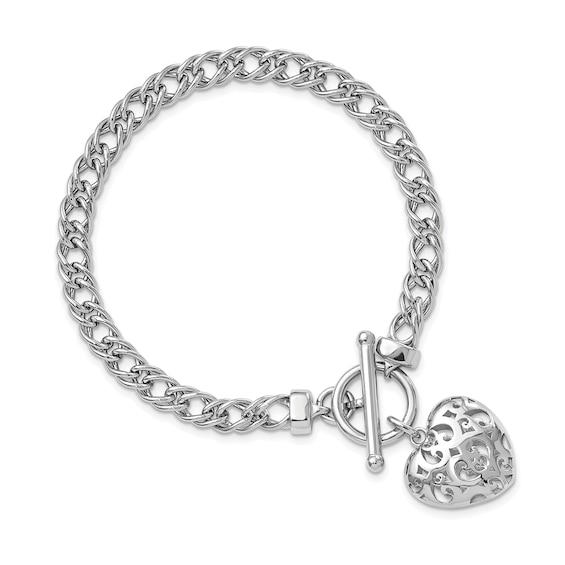 Filigree Heart Charm and Double-Link Curb Chain Toggle Bracelet in Hollow Sterling Silver - 7.5â