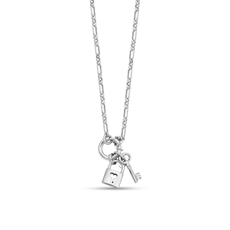 Main Image 1 of Heart Lock and Key Charms Fancy Link Chain Toggle Necklace in Solid Sterling Silver - 17.75”