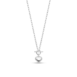Lightweight Puffed Heart Charm and Paper Clip Chain Toggle Necklace in Sterling Silver - 16”