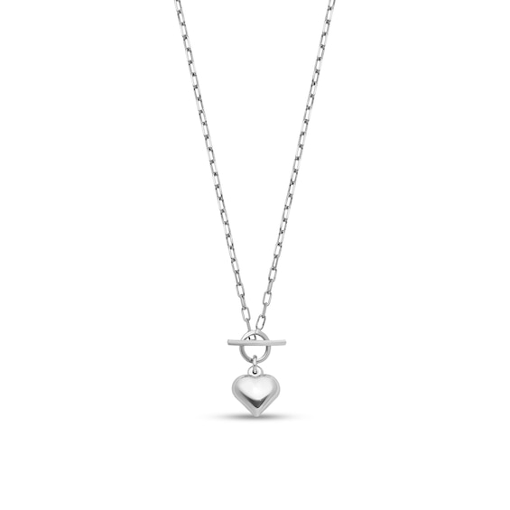 Lightweight Puffed Heart Charm and Paper Clip Chain Toggle Necklace in Sterling Silver - 16â
