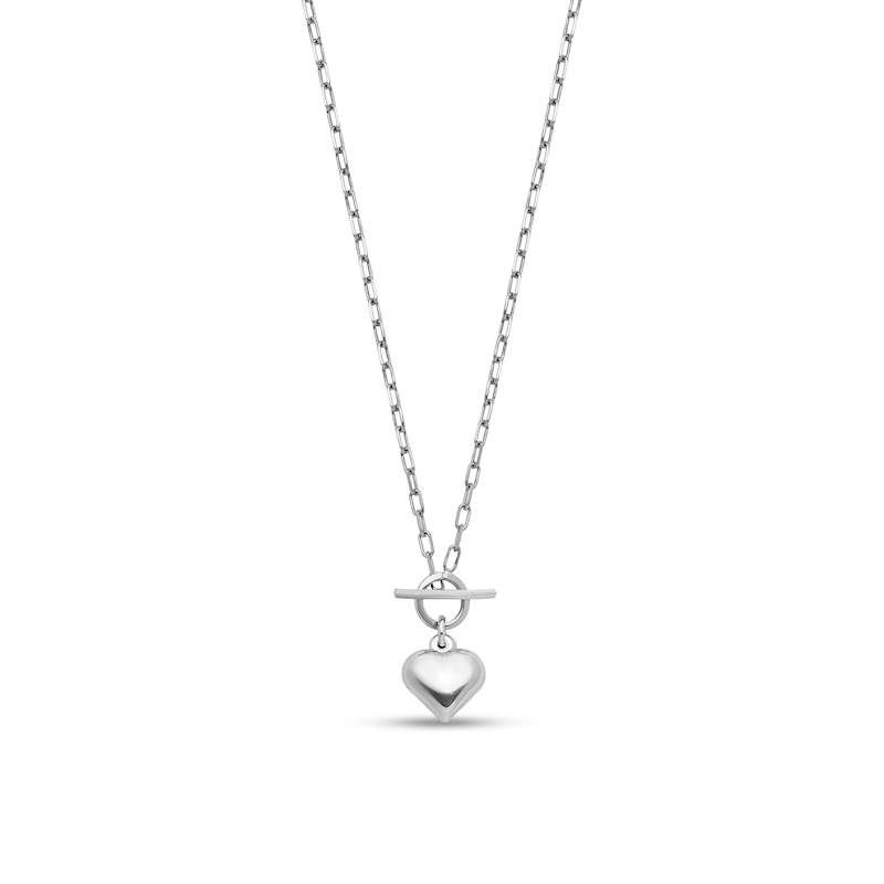 Main Image 1 of Lightweight Puffed Heart Charm and Paper Clip Chain Toggle Necklace in Sterling Silver - 16”