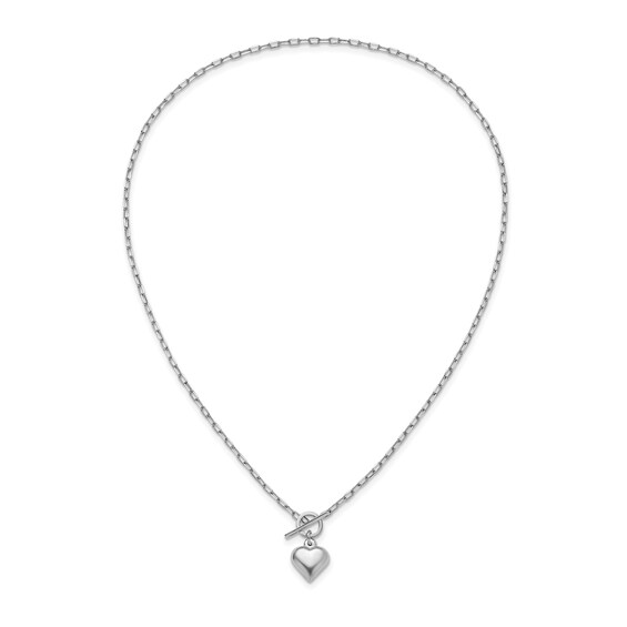Lightweight Puffed Heart Charm and Paper Clip Chain Toggle Necklace in Sterling Silver - 16â