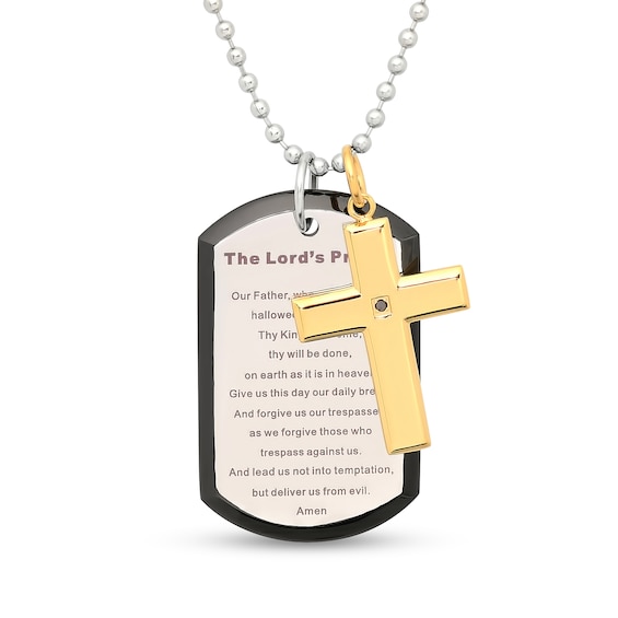 Black Diamond Accent Cross and Lord's Prayer Dog Tag Pendant in Stainless Steel with Black and Yellow Ion Plate - 24"
