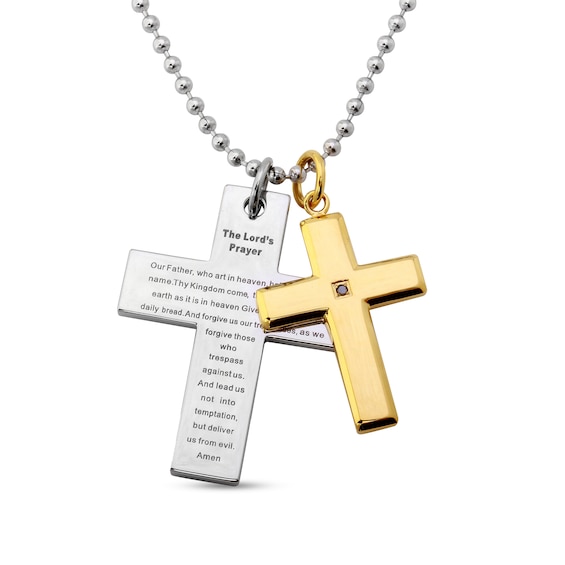 Black Diamond Accent Lord's Prayer Double Cross Pendant in Stainless Steel and Yellow Ion Plate - 24"