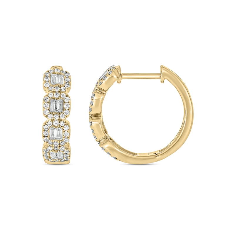 Main Image 1 of 1/2 CT. T.W. Cushion-Shaped Multi-Diamond Four Stone Huggie Hoop Earrings in 10K Gold