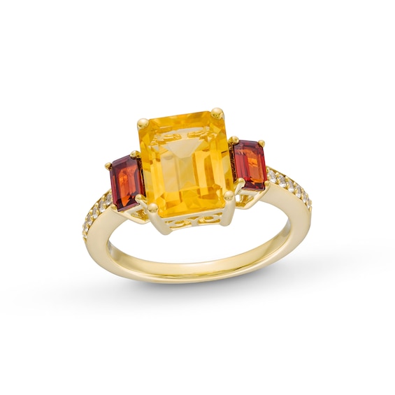 Emerald-Cut Citrine and Garnet with White lab-Created Sapphire Three Stone Ring in Sterling Silver with 10K Gold Plate