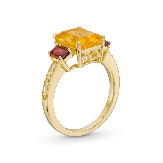 Emerald-Cut Citrine and Garnet with White lab-Created Sapphire Three Stone Ring in Sterling Silver with 10K Gold Plate