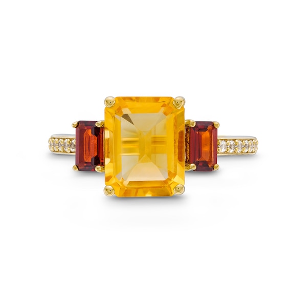 Emerald-Cut Citrine and Garnet with White lab-Created Sapphire Three Stone Ring in Sterling Silver with 10K Gold Plate