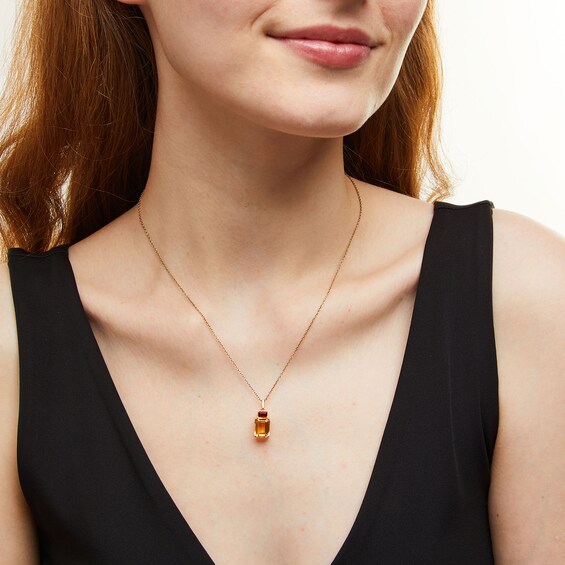 Emerald-Cut Citrine and Garnet Stacked Duo Pendant in Sterling Silver with 10K Gold Plate