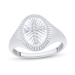 1/20 CT. T.W. Diamond Cross Vintage-Style Signet Ring in 10K White Gold