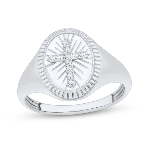 1/20 CT. T.w. Diamond Cross Vintage-Style Signet Ring in 10K White Gold