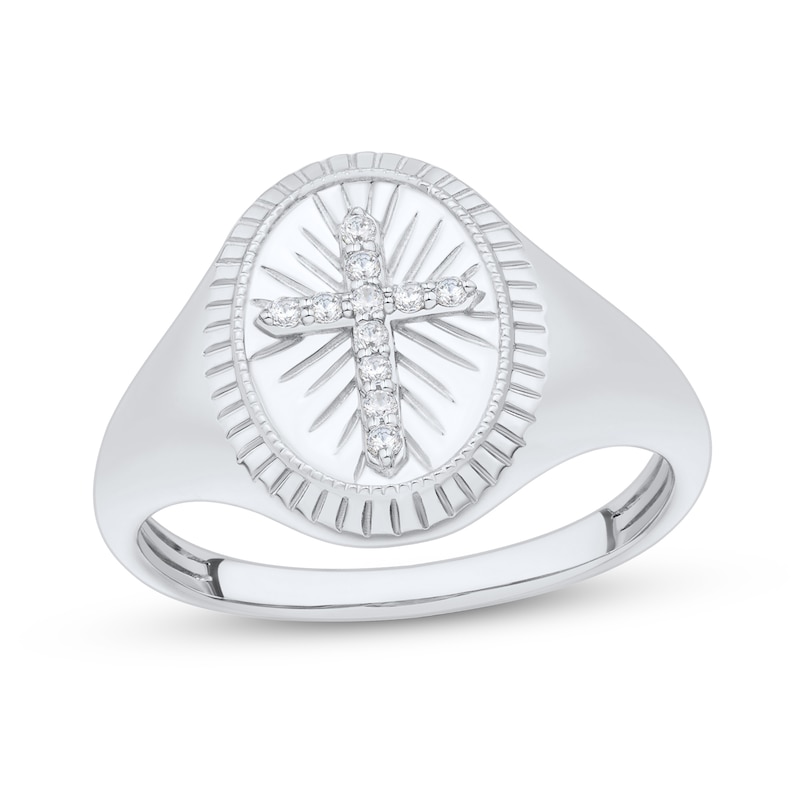 Main Image 1 of 1/20 CT. T.W. Diamond Cross Vintage-Style Signet Ring in 10K White Gold