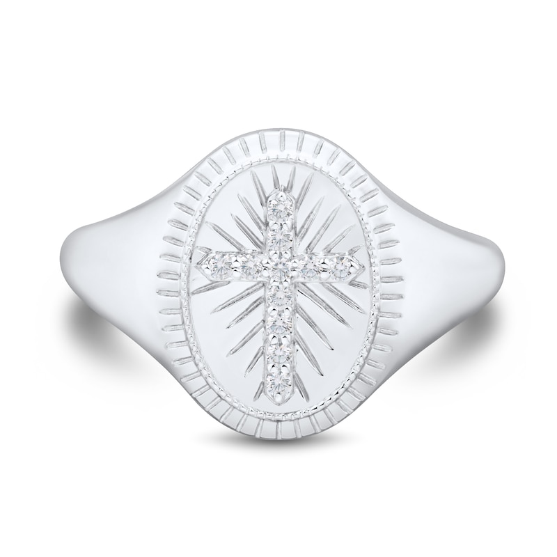 Main Image 3 of 1/20 CT. T.W. Diamond Cross Vintage-Style Signet Ring in 10K White Gold
