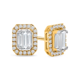 1/2 CT. T.W. Emerald-Shaped Certified Lab-Grown Multi-Diamond Frame Stud Earrings in 14K Gold (F/SI2)