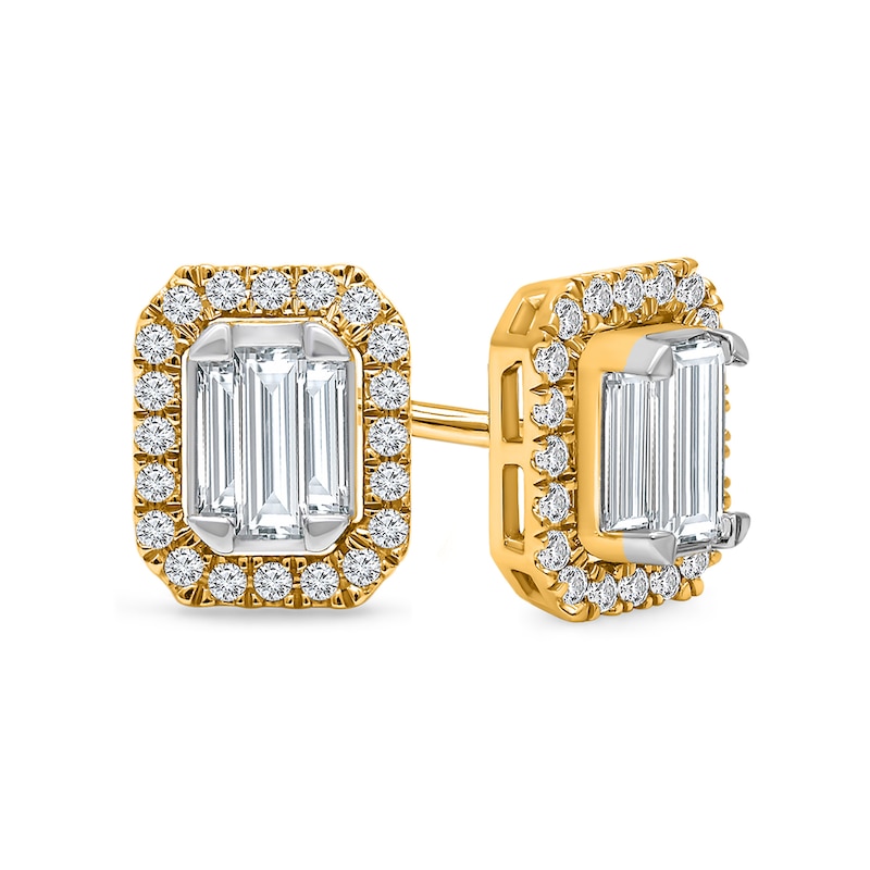Main Image 1 of 1/2 CT. T.W. Emerald-Shaped Certified Lab-Grown Multi-Diamond Frame Stud Earrings in 14K Gold (F/SI2)