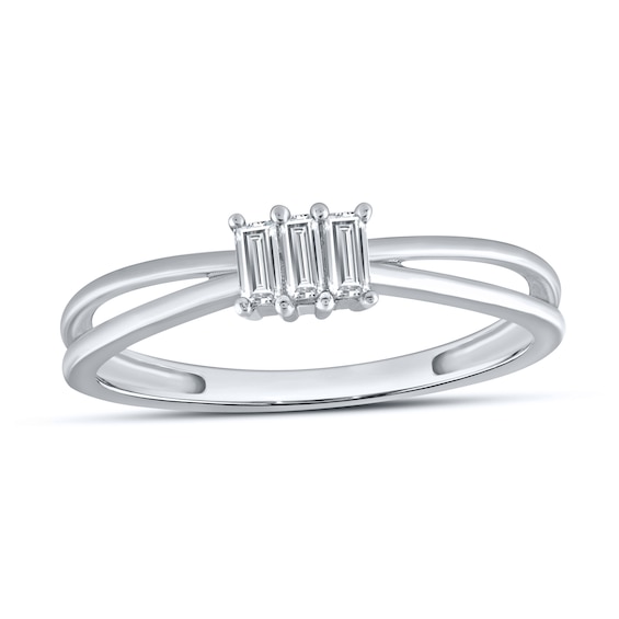 1/10 CT. T.w. Baguette Certified Lab-Grown Diamond Three Stone Orbit Split Shank Ring in 14K White Gold (F/Si2)