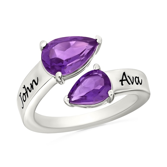 Coupleâs Pear-Shaped Lab-Created Birthstone Engravable Toi et Moi Bypass Ring in Sterling Silver (2 Stones and Lines)