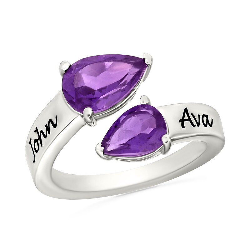 Main Image 1 of Couple’s Pear-Shaped Lab-Created Birthstone Engravable Toi et Moi Bypass Ring in Sterling Silver (2 Stones and Lines)