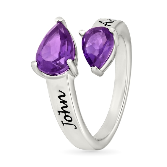 Coupleâs Pear-Shaped Lab-Created Birthstone Engravable Toi et Moi Bypass Ring in Sterling Silver (2 Stones and Lines)