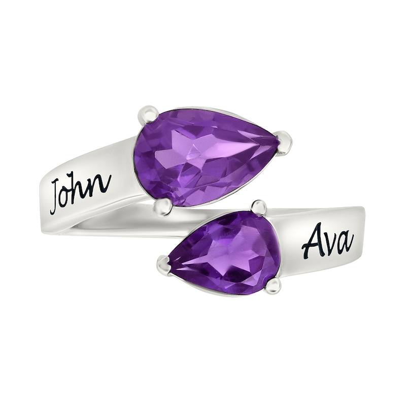 Main Image 3 of Couple’s Pear-Shaped Lab-Created Birthstone Engravable Toi et Moi Bypass Ring in Sterling Silver (2 Stones and Lines)