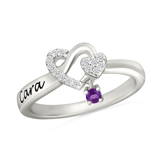 Lab-Created Birthstone and White Lab-Created Sapphire Engravable Heart Knot Ring in Sterling Silver (1 Stone and Line)