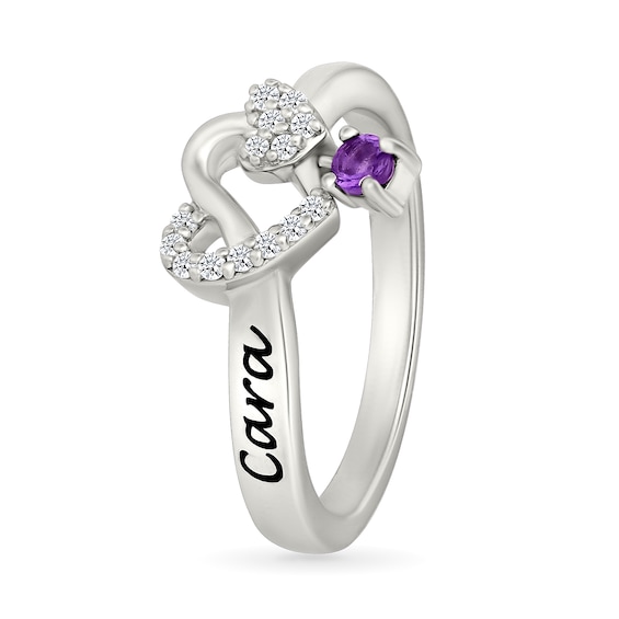 Lab-Created Birthstone and White Lab-Created Sapphire Engravable Heart Knot Ring in Sterling Silver (1 Stone and Line)