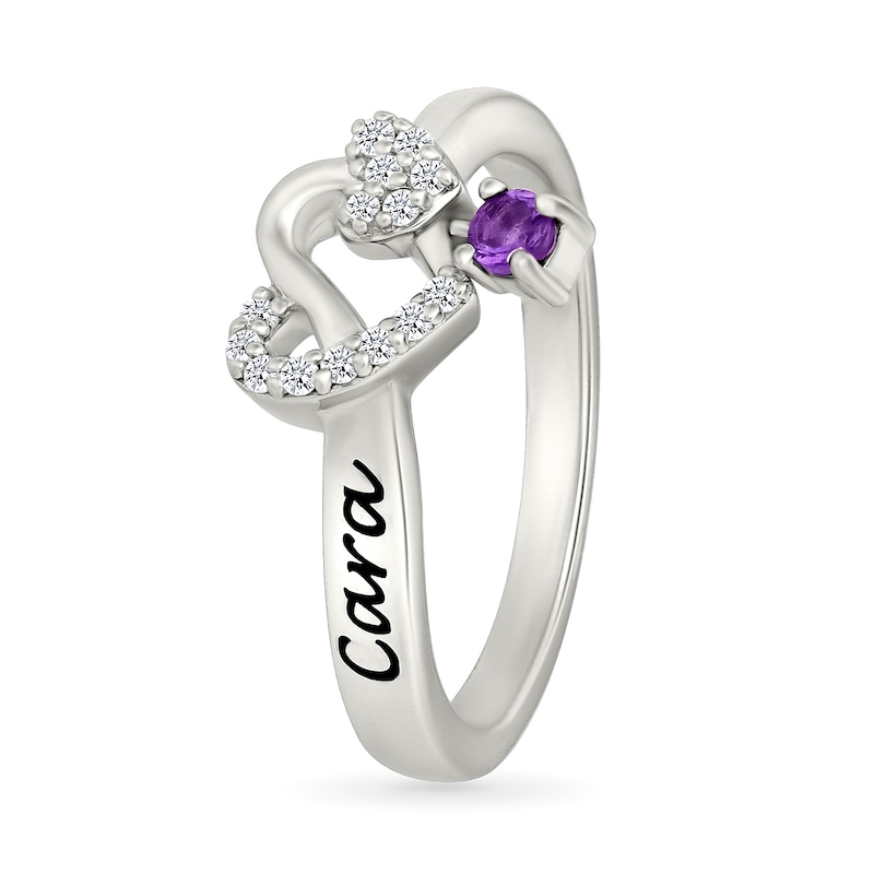 Main Image 2 of Lab-Created Birthstone and White Lab-Created Sapphire Engravable Heart Knot Ring in Sterling Silver (1 Stone and Line)