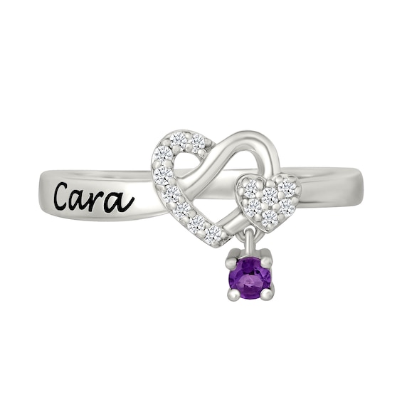 Lab-Created Birthstone and White Lab-Created Sapphire Engravable Heart Knot Ring in Sterling Silver (1 Stone and Line)