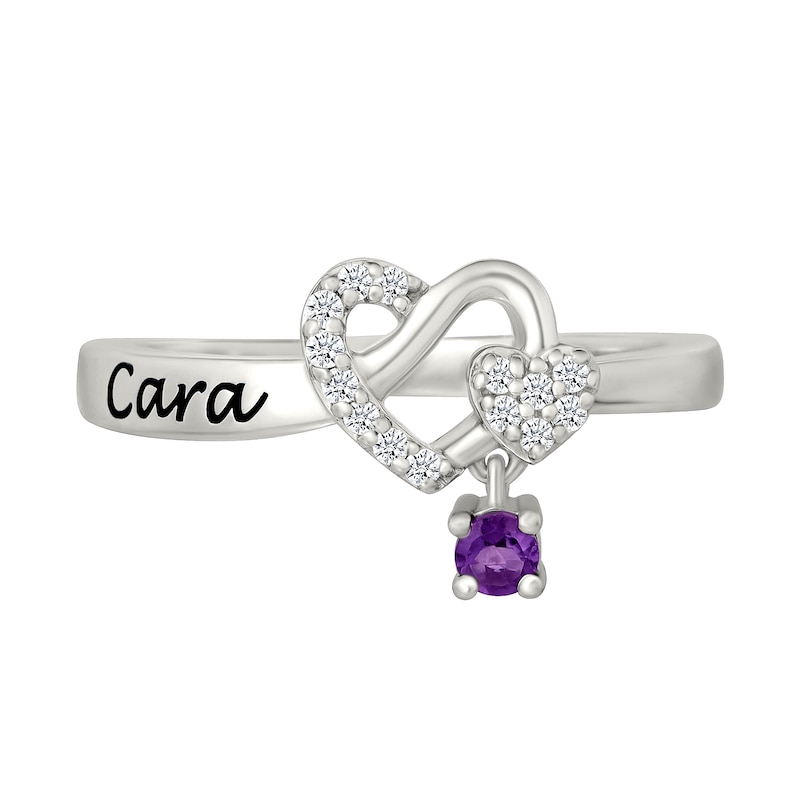 Main Image 3 of Lab-Created Birthstone and White Lab-Created Sapphire Engravable Heart Knot Ring in Sterling Silver (1 Stone and Line)