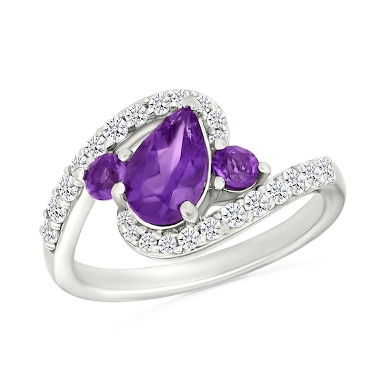 Pear-Shaped and Round Lab-Created Birthstone with White Lab-Created Sapphire Bypass Ring in Sterling Silver (3 Stones)