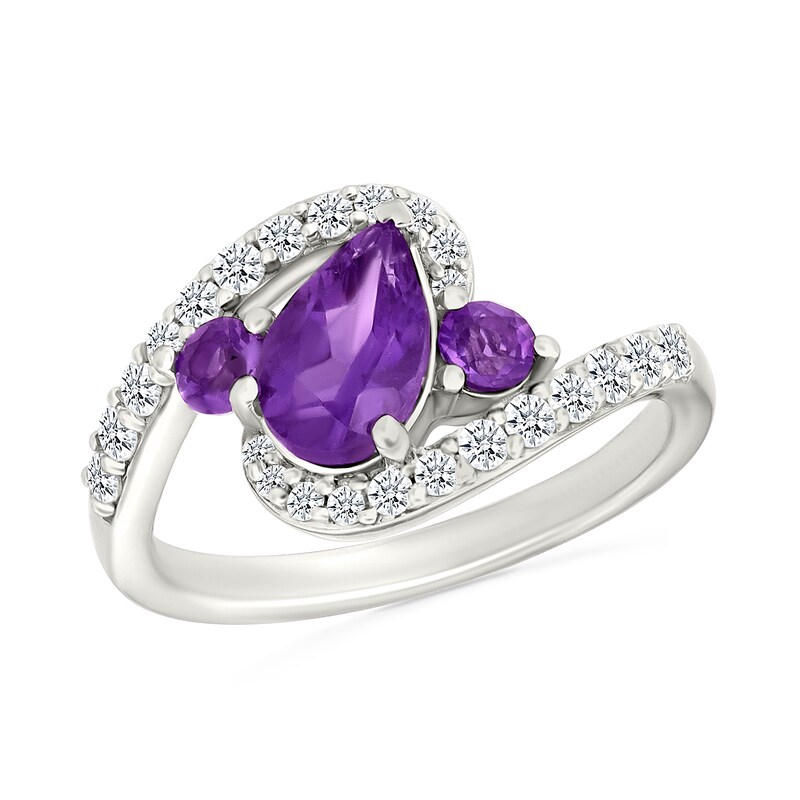 Main Image 1 of Pear-Shaped and Round Lab-Created Birthstone with White Lab-Created Sapphire Bypass Ring in Sterling Silver (3 Stones)