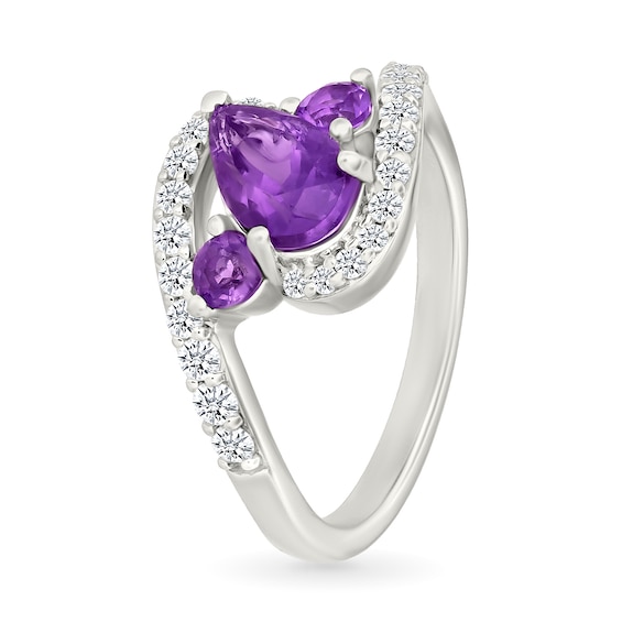 Pear-Shaped and Round Lab-Created Birthstone with White Lab-Created Sapphire Bypass Ring in Sterling Silver (3 Stones)